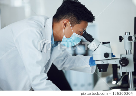 Microscope, science and asian man with face mask in laboratory for research, medical analysis and biotechnology. Scientist, microbiology and investigation of innovation, dna testing and development Microscope, science and asian man with face mask in laboratory for research, medical analysis and biotechnology. Scientist, microbiology and investigation of innovation, dna testing and development 136360304