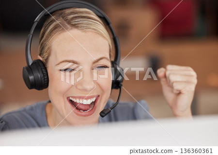 Call center, success and consulting with business woman in office for celebration, bonus and winner. Customer service, help desk and wow with female employee for promotion, achievement and profit Call center, success and consulting with business woman in office for celebration, bonus and winner. Customer service, help desk and wow with female employee for promotion, achievement and profit 136360361