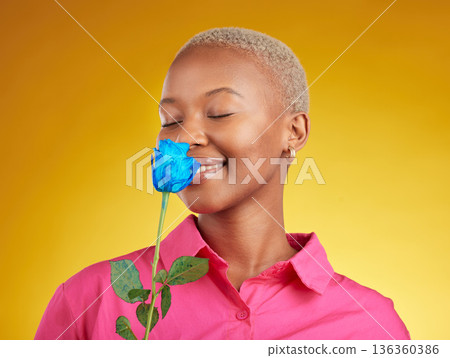 Smelling, love and spring with black woman and rose in studio for blossom, plant and environment. Gift, love and blue flower with face of person on yellow background for floral, scent and mockup Smelling, love and spring with black woman and rose in studio for blossom, plant and environment. Gift, love and blue flower with face of person on yellow background for floral, scent and mockup 136360386