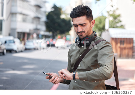 Business man, check watch and street with thinking, travel and waiting for transportation in metro cbd. Young entrepreneur, clock and schedule on sidewalk for taxi, bus or chauffeur for drive to work Business man, check watch and street with thinking, travel and waiting for transportation in metro cbd. Young entrepreneur, clock and schedule on sidewalk for taxi, bus or chauffeur for drive to work 136360387