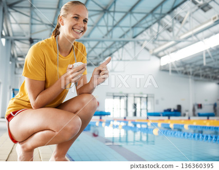Swimming pool, lifeguard and woman with smile, stopwatch and mockup at water safety training exercise. Professional sport, personal trainer and swimmer at competition for motivation, support and time 136360395