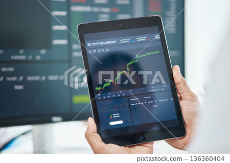 Tablet, stock market and trading with hands of man in office for investment graph, cryptocurrency and finance. Digital, technology and research with closeup of person for economy, analytics or profit 136360404