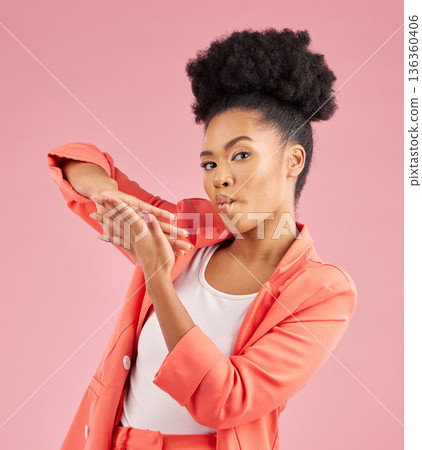 Portrait of black woman, hands and money gesture in studio for wealth, financial success or celebrate bonus prize on pink background. Lottery, celebration or hand sign for spending cash or bills Portrait of black woman, hands and money gesture in studio for wealth, financial success or celebrate bonus prize on pink background. Lottery, celebration or hand sign for spending cash or bills 136360406