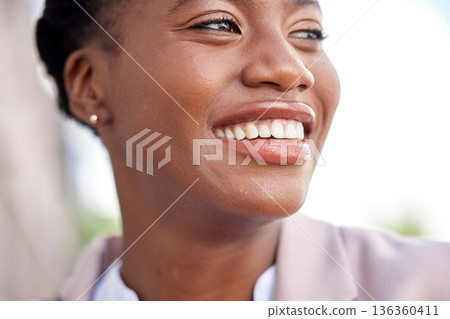 Smile, thinking and business woman in a city or urban town feeling excited, happy and motivation to work or job. Opportunity, idea and closeup face of female professional employee or corporate worker 136360411