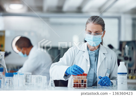 Woman, blood sample or scientist with research in a science laboratory for medical analysis or innovation. Face mask, medicine development or researcher studying test of DNA or virus in vial tube 136360423