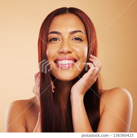 Hair care, natural beauty and portrait of happy woman with hands on face and luxury salon treatment on brown background. Smile, spa haircut and haircare, model with cosmetics and makeup in studio. Hair care, natural beauty and portrait of happy woman with hands on face and luxury salon treatment on brown background. Smile, spa haircut and haircare, model with cosmetics and makeup in studio. 136360425