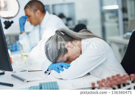 Science, sleeping woman and lab scientist with burnout, mental health anxiety or depression, medical crisis or fatigue. Laboratory, exhausted and person tired after mistake, overtime work or tension Science, sleeping woman and lab scientist with burnout, mental health anxiety or depression, medical crisis or fatigue. Laboratory, exhausted and person tired after mistake, overtime work or tension 136360475