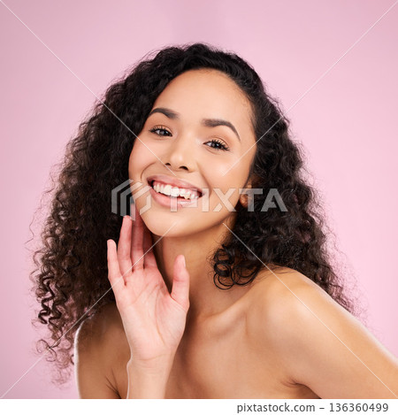 Face, skincare and beauty of happy woman in studio isolated on a pink background. Portrait, smile and natural model with cosmetics in spa facial treatment for aesthetic, wellness and healthy skin 136360499