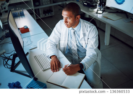 Doctor, writing and night with computer in laboratory for medical research and study with healthcare. Paperwork, male professional and planning with data for biotechnology in clinic or hospital Doctor, writing and night with computer in laboratory for medical research and study with healthcare. Paperwork, male professional and planning with data for biotechnology in clinic or hospital 136360533