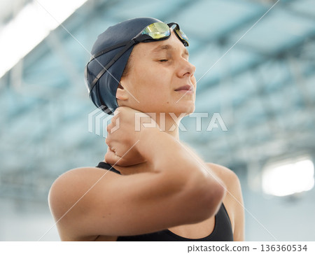 Swimming pool, woman and neck pain, injury and accident after workout, training or exercise. Sport, swim and athlete with spine problem, arthritis and fibromyalgia, osteoporosis and medical emergency 136360534