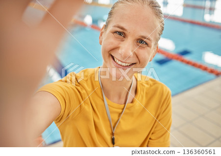 Portrait, swimming pool and selfie of woman, coach and smile for exercise, workout or sports. Face, swim and happy athlete, personal trainer and profile picture for fitness, training and wellness Portrait, swimming pool and selfie of woman, coach and smile for exercise, workout or sports. Face, swim and happy athlete, personal trainer and profile picture for fitness, training and wellness 136360561
