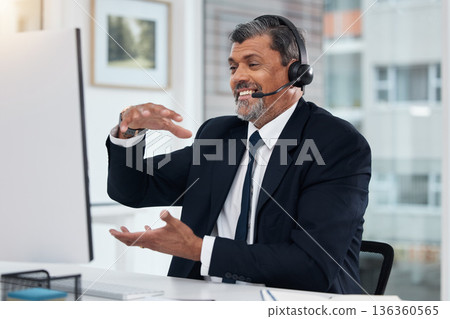 Video call, customer service and mature man on computer for communication in callcenter. Smile, webinar and professional, sales agent or consultant in virtual meeting, telemarketing or online chat Video call, customer service and mature man on computer for communication in callcenter. Smile, webinar and professional, sales agent or consultant in virtual meeting, telemarketing or online chat 136360565