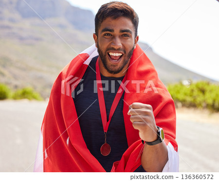 Flag, excited winner or portrait of man with success on road for fitness goal, race or running competition. Proud National champion runner, winning or happy sports athlete with victory glory or medal 136360572