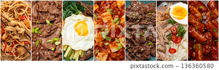 Long horizontal banner Korean cuisine collage variety dishes street food asian 136360580