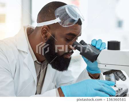 Microscope, medical science and a man in a laboratory for research, study and analysis or focus. Face of a black person or scientist with a scope for innovation, biotechnology and future development Microscope, medical science and a man in a laboratory for research, study and analysis or focus. Face of a black person or scientist with a scope for innovation, biotechnology and future development 136360581