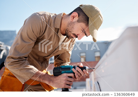 Technician man, drill and outdoor with air conditioner maintenance, roof or building in metro cbd for construction. AC repair, hvac tech and tools for engineer, service and aircon industry on rooftop 136360649