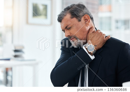 Business, stress and mature man with neck pain, tired and burnout of health problem, anxiety and bad posture. CEO, corporate boss and executive with spine injury, muscle fatigue and risk of arthritis Business, stress and mature man with neck pain, tired and burnout of health problem, anxiety and bad posture. CEO, corporate boss and executive with spine injury, muscle fatigue and risk of arthritis 136360686