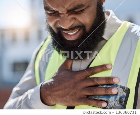 Stress, construction worker and a black man with a heart attack in the city. Healthcare, burnout and an African builder, architect or handyman with anxiety, chest pain or medical emergency on site Stress, construction worker and a black man with a heart attack in the city. Healthcare, burnout and an African builder, architect or handyman with anxiety, chest pain or medical emergency on site 136360731