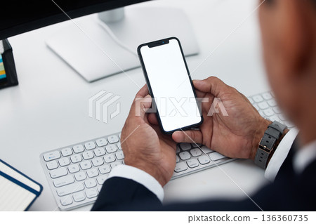 Hands, blank phone screen and man at desk with mockup space for logo, branding and communication. Businessman, smartphone and ux design for mobile app, internet or fintech promo at accounting agency 136360735