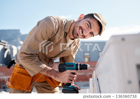 Engineer man, roof and portrait for air conditioning maintenance, smile or building in city for construction job. AC repair, hvac tech and happy technician with drill, tools or industry in Cape Town 136360738
