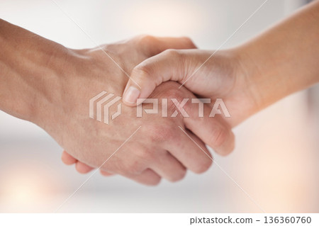 Closeup, shaking hands and people meeting for introduction, agreement and support of deal, partnership and welcome. Handshake for greeting hello, thank you and networking with trust, success and team 136360760