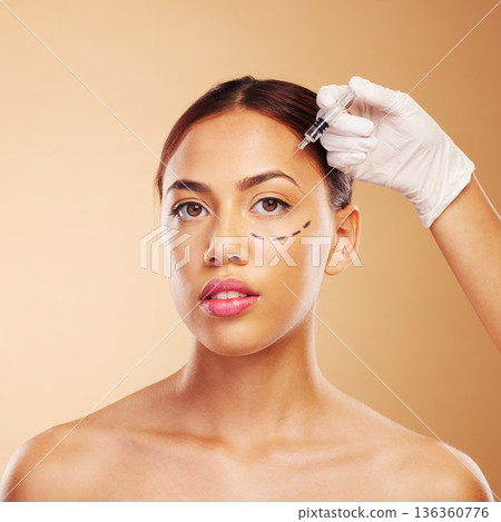 Rhinoplasty, plastic surgery and syringe for woman with beauty facial for isolated in brown studio background. Skincare, cosmetic and portrait of young person with treatment or medical transformation Rhinoplasty, plastic surgery and syringe for woman with beauty facial for isolated in brown studio background. Skincare, cosmetic and portrait of young person with treatment or medical transformation 136360776