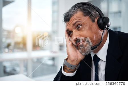 Stress, call center and tired face of man in telemarketing agency with fail, business error and 404 glitch. Bored, mature and confused salesman with challenge, client account problem and CRM crisis Stress, call center and tired face of man in telemarketing agency with fail, business error and 404 glitch. Bored, mature and confused salesman with challenge, client account problem and CRM crisis 136360778