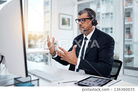 Customer service, video call and mature man on computer for communication in callcenter. Serious, webinar or professional, sales manager or consultant in virtual meeting, telemarketing or online chat Customer service, video call and mature man on computer for communication in callcenter. Serious, webinar or professional, sales manager or consultant in virtual meeting, telemarketing or online chat 136360835