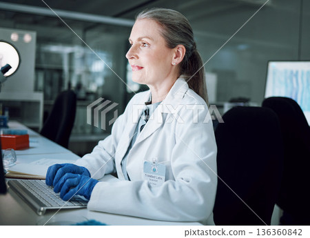Woman, night and keyboard in science laboratory for medical research, deadline and pharmacy wellness. Mature scientist, person and working late on technology for DNA healthcare or genetic engineering Woman, night and keyboard in science laboratory for medical research, deadline and pharmacy wellness. Mature scientist, person and working late on technology for DNA healthcare or genetic engineering 136360842