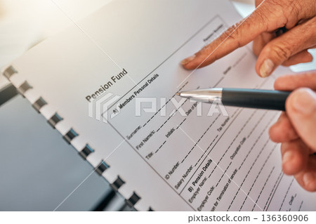 Hand, pension document and pen for writing, sign and point for help, guide and financial advisor with info. Closeup, retirement paperwork and person for signature, support and reading for compliance Hand, pension document and pen for writing, sign and point for help, guide and financial advisor with info. Closeup, retirement paperwork and person for signature, support and reading for compliance 136360906