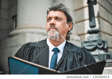 Man, thinking or senior lawyer reading book for research, education or learning the justice system. Judge, advocate or mature attorney studying knowledge or constitution information for a legal court 136360914
