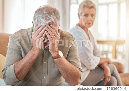 Senior couple, divorce and conflict in fight, argument or disagreement on living room sofa at home. Elderly woman and frustrated man in depression, cheating affair or toxic relationship in the house 136360944