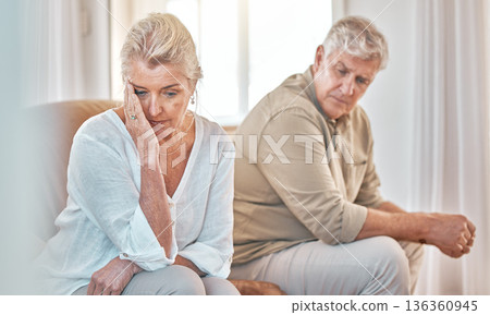 Senior couple, divorce and headache in fight, conflict or argument on the living room sofa at home. Elderly man and frustrated woman in depression, cheating affair or toxic relationship in the house Senior couple, divorce and headache in fight, conflict or argument on the living room sofa at home. Elderly man and frustrated woman in depression, cheating affair or toxic relationship in the house 136360945