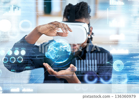 Virtual reality, hologram and global business man review statistics, cyber administration or AI software. UI overlay, future economy metaverse and person with 3D headset and virtual world data Virtual reality, hologram and global business man review statistics, cyber administration or AI software. UI overlay, future economy metaverse and person with 3D headset and virtual world data 136360979