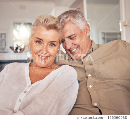 Old couple on couch, portrait and retirement together, love and care in marriage with people at home. Relax in living room, life partner and pension, man and woman bonding with trust and commitment Old couple on couch, portrait and retirement together, love and care in marriage with people at home. Relax in living room, life partner and pension, man and woman bonding with trust and commitment 136360988
