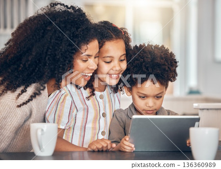 Family, mother and children on tablet for home e learning, online education and watch or streaming cartoon. Happy african kids and mom on digital technology for teaching support and school website Family, mother and children on tablet for home e learning, online education and watch or streaming cartoon. Happy african kids and mom on digital technology for teaching support and school website 136360989