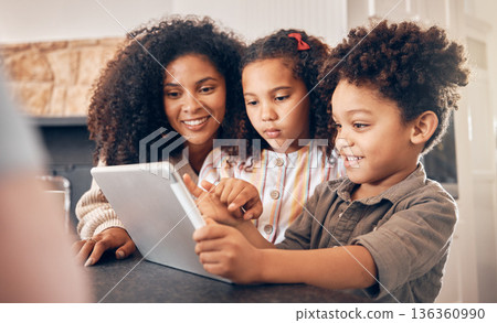 Cartoon, streaming and a family with a tablet in a house for communication or games. Website, education and children, mother and technology for online reading, movie or a meme on the internet 136360990