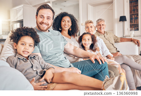 Happy big family, portrait and sofa together for holiday weekend, break or bonding in relax at home. Parents, grandparents and children smile in happiness for quality time on couch in living room Happy big family, portrait and sofa together for holiday weekend, break or bonding in relax at home. Parents, grandparents and children smile in happiness for quality time on couch in living room 136360998