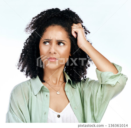 Woman, frustrated thinking and confused in studio with ideas, mistake and fail by white background. African girl, model or student with stress, doubt or memory with mindset, decision and questions 136361014