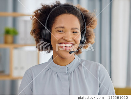 Call center, smile and portrait of woman in office, sales and telemarketing in headset at help desk. Consulting, networking and happy face of virtual assistant, customer service agent or care advisor 136361020