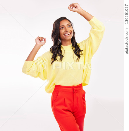 Indian woman, dance and happy with fashion in studio with white background for beauty, cosmetics or happiness on face. Celebration, smile and excited person with fun energy or style of trendy clothes 136361037