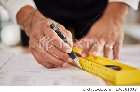 Hands, architecture and ruler for drawing blueprint, paper and engineering of project, building development and illustration. Closeup of man, designer and stationery for lines, sketch and floor plan Hands, architecture and ruler for drawing blueprint, paper and engineering of project, building development and illustration. Closeup of man, designer and stationery for lines, sketch and floor plan 136361038