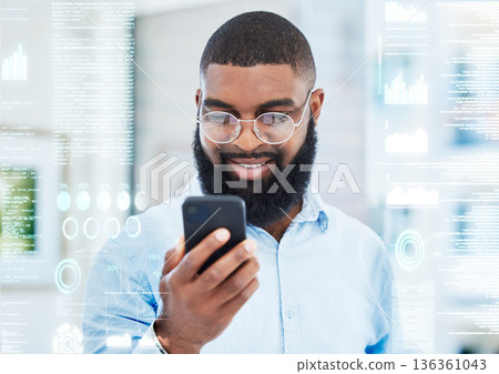 Business, hologram and black man with a smartphone, investment and stock market with notification. Holographic, person and investor with a cellphone, coding and software update with email and trading Business, hologram and black man with a smartphone, investment and stock market with notification. Holographic, person and investor with a cellphone, coding and software update with email and trading 136361043