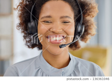 Call center, crm and portrait of happy woman in office, sales and telemarketing in headset at help desk. Consulting, networking and happy face of virtual assistant, customer service agent or advisor 136361046