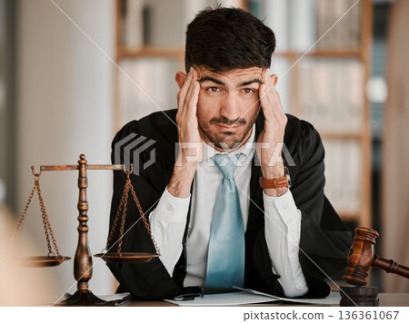 Judge man, stress headache and office for thinking, solution or problem solving with worry for case. Advocate, lawyer or attorney with legal hammer, paperwork or idea with fatigue for court evidence Judge man, stress headache and office for thinking, solution or problem solving with worry for case. Advocate, lawyer or attorney with legal hammer, paperwork or idea with fatigue for court evidence 136361067