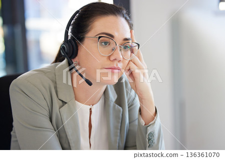 Customer service, computer and business woman bored with help desk work, networking overtime or telemarketing. Burnout fatigue, technical support and insurance agent tired, depressed and reading info 136361070