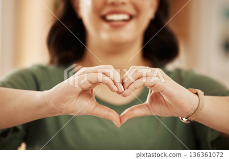Happy, heart and love with hands of woman for support, kindness and motivation. Health symbol, peace and thank you with closeup of person and emoji sign at home for vote, hope and like icon 136361072