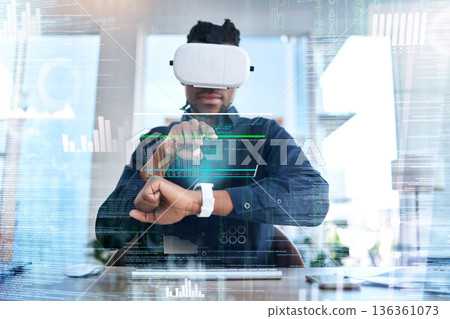 Virtual reality, smart watch hologram and business man typing, scroll and check AI dashboard, AR hud or data overlay. Digital transformation, VR headset or male developer work on wrist clock software 136361073