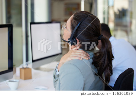 Stress, woman and telemarketing with neck pain, call center or muscle tension with help. Female person, health issue and agent overworked, burnout or tech support with joint injury or posture problem Stress, woman and telemarketing with neck pain, call center or muscle tension with help. Female person, health issue and agent overworked, burnout or tech support with joint injury or posture problem 136361089