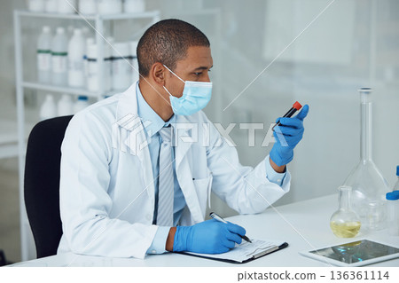 Science, medical and man with blood work for doctor research and study in clinic. Lab expert, analysis and healthcare professional with hospital notes and writing for laboratory test of scientist Science, medical and man with blood work for doctor research and study in clinic. Lab expert, analysis and healthcare professional with hospital notes and writing for laboratory test of scientist 136361114
